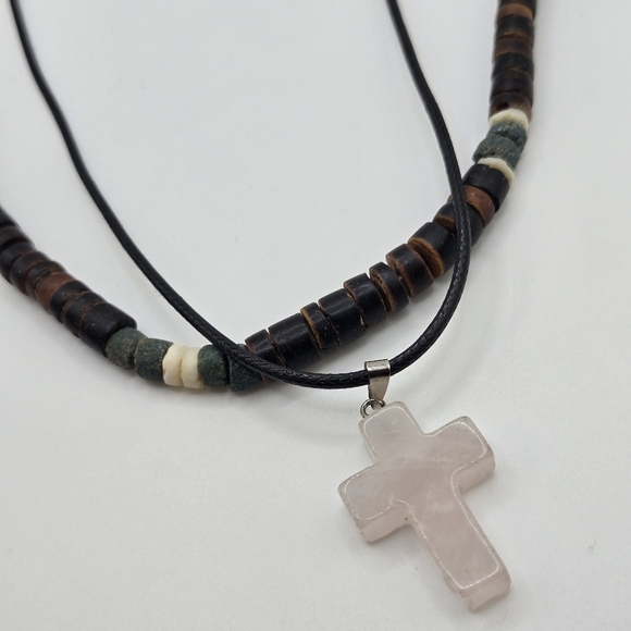 vintage Grunge necklace choker Leather Cord Rose Quartz Cross Puka Shell boho - Picture 3 of 7